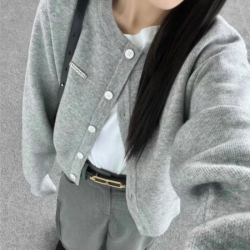 厂家直销金属标排扣开衫外套女短款针织衫修身百搭遮肉秋春季|undefined