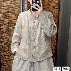 古咖服饰秋款复古砂洗亚麻加里衬开衫外套立领单排扣宽松长袖上衣