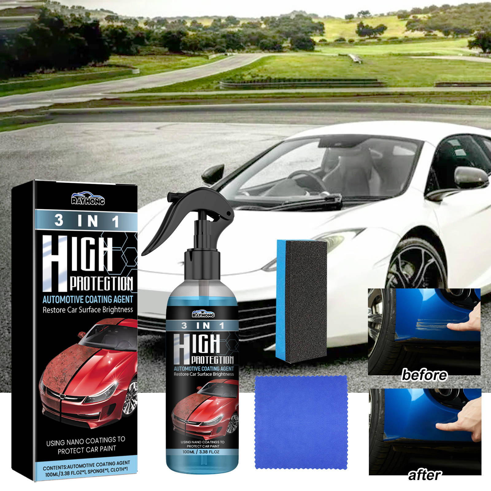 Rayhong Ceramic Coating - Three-in-One Oil Stain Removal, Polish, Protect, Repair Scratch, Car Paint Cleaning and Maintenance Coating