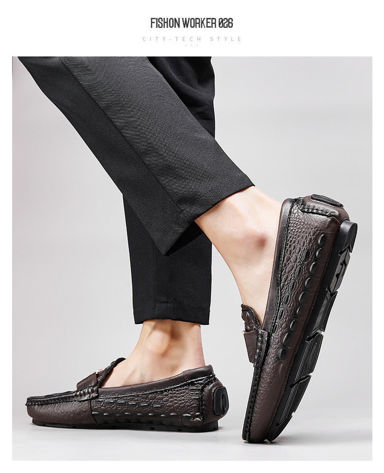 Giày lười nam da bò vân cá sấu mũi tròn, đế bằng, kiểu lái xe cỡ lớn — V6655 màu kaki quý phái, V6655 màu nâu quý ông, V6655 màu đen quý phái, Vàng địa phương V6655 chi tiết 15