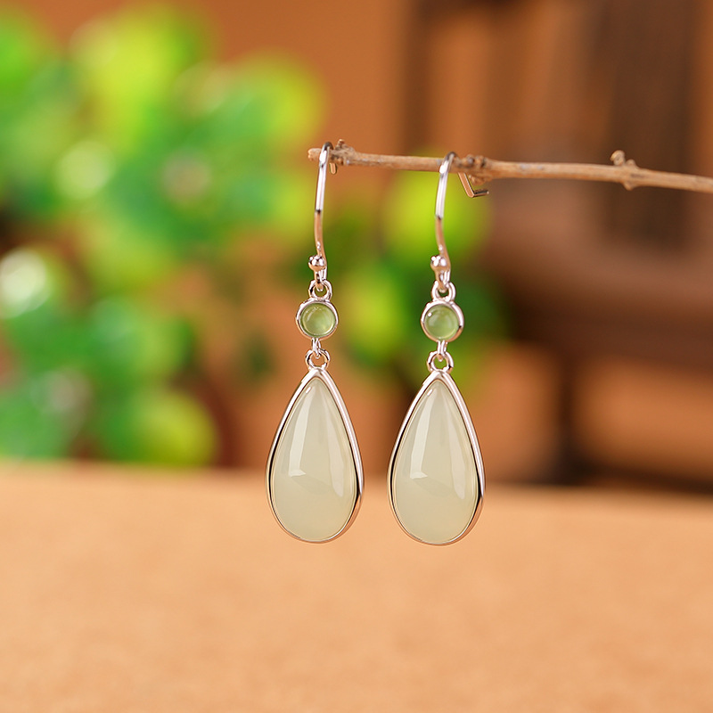 Bông tai móc bạc S925 mạ vàng hình nai, mặt ngọc bích phong cách retro giọt nước chữ Hỷ — Kiểu màu bạc