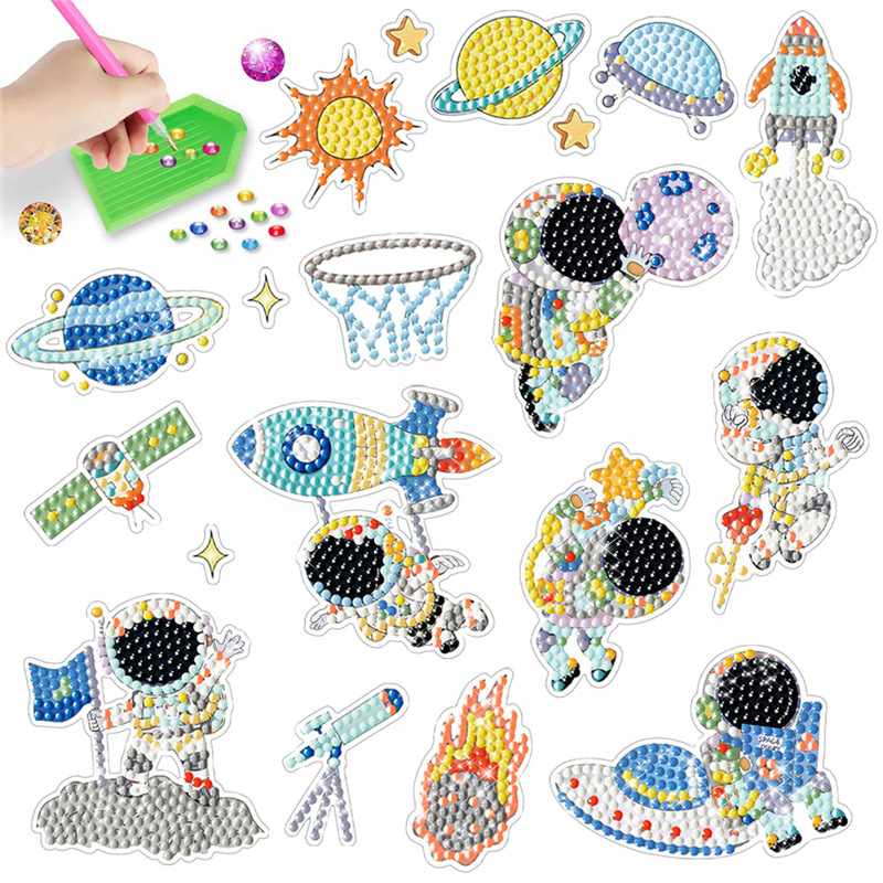 Venta caliente espacio astronauta diamante pintura gratis pegatinas DIY pegatinas de pared pegatinas niños hechos a mano pegatinas de dibujos animados diamante redondo
