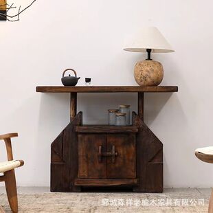 Quiet Style Solid Wood Entrance Cabinet Old Elm Wooden Strip Case Shendai Entrance Hall Buddha Statues for Homestay Decoration Display Cabinet