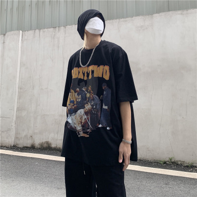 (纯棉)2021女装欧美风潮流短袖t恤男宽松ins嘻哈情侣上衣1688批发