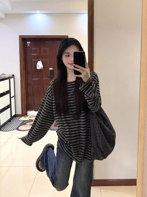 韩系撞色条纹长袖圆领t恤女早秋季新款松弛感慵懒风休闲宽松上衣|undefined