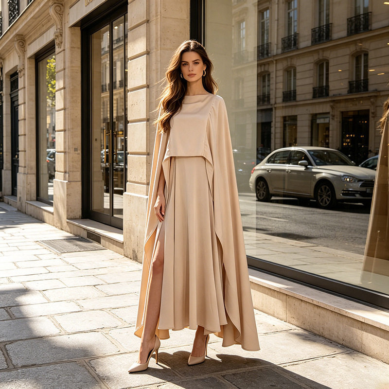 Champagne-Colored Silk Satin Slit Floor-Length Gown with Scarf and Shawl, 2026 Summer New Women's Dress Champagne-Colored Silk Satin Slit Floor-Length Gown with Scarf and Shawl, 2026 Summer New Women's Dress