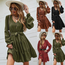 现货！2023秋欧美跨境亚马逊纯色气质通勤套头高腰长袖系带连衣裙