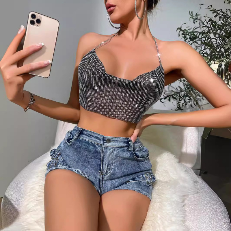 Aliexpress Amazon Ebay Nightclub Metal Super Flash Rhinestone Chain Halterneck Backless Tube Top Yx615