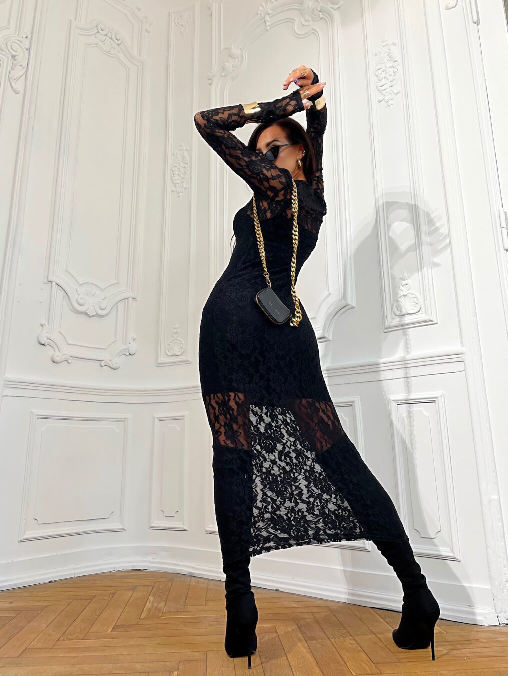 Women Clothing Slim Fit round Neck Hollow Out Cutout out Dress Sexy Slimming See through Lace Sheath Dress