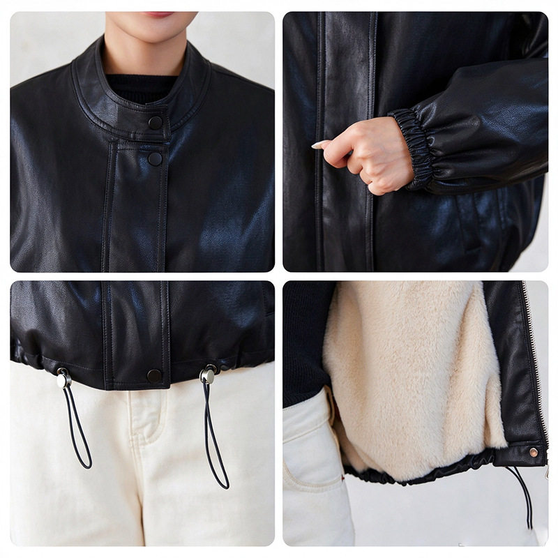 Áo khoác da nữ ngắn cổ đứng lót lông dày dặn — Cà phê đỏ với fleece dày, Màu đen Fleece dày chi tiết 13