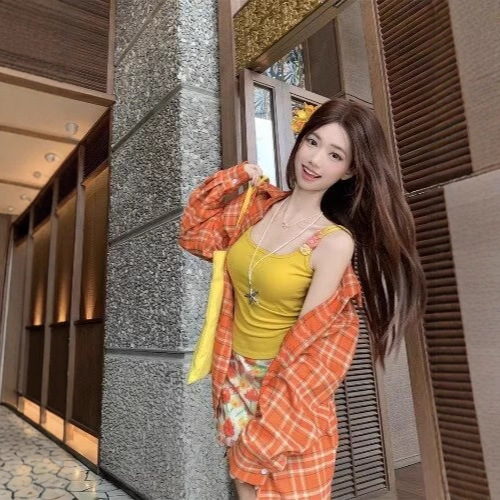 American Dopamine Orange Plaid Shirt Women's Autum Embroider Design Versatile Niche Long-Sleeved Jacket Shirt