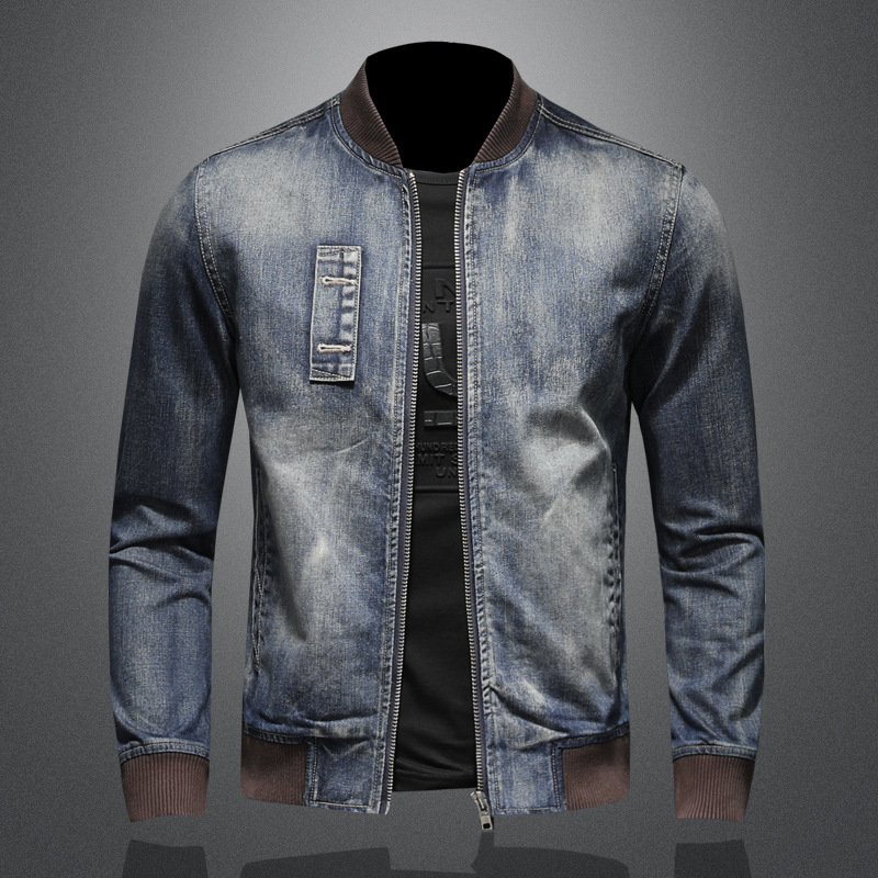 Men's Retro Stand Collar Denim Jacket Trendy Spring Autumn Coat_voghion.com