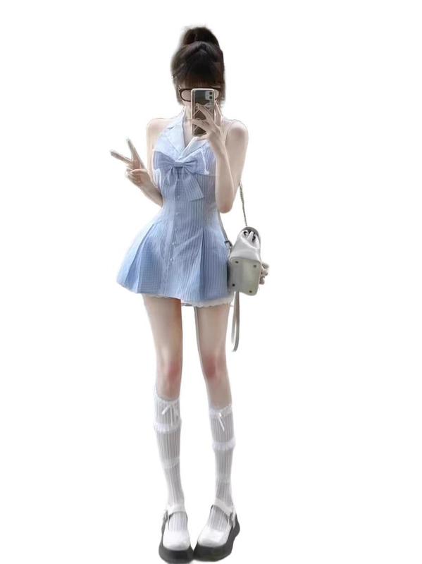 甜美蝴蝶结条纹连衣裙子女夏季法式初恋公主蓬蓬裙收腰小个子短裙|undefined