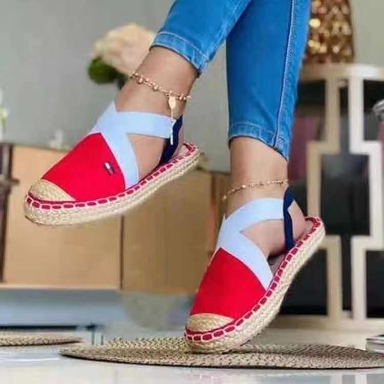 straw round toe color matching flat sandals NSJJX132282