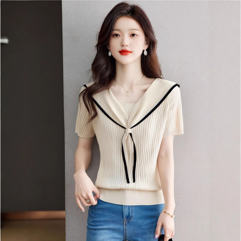 2025 New Summer Korean Style Fashionable Women's Tops Short-Sleeved Knitwears Elegant Slimming Look Navy Collar T-Shirt