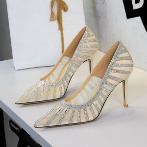 1251-1 European and American style banquet versatile pointed high heels sexy slim heels rhinestone mesh shallow mouth te