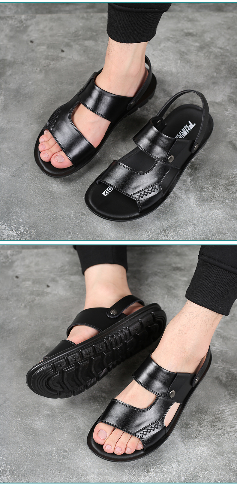 Men’s Genuine Leather 2-in-1 Sandals, Rotatable Metal Buckle Back Strap Casual Walking Slides_vogvips.com
