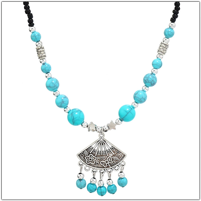 Hanfu Pendant Necklace, Retro Beaded Fan Pendant Accessory — Red or Turquoise, Lightweight 15×3×10 cm