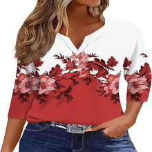 亚马逊爆款女装T恤V领三扣印花短袖欧美女士来图定亨利衫七分袖