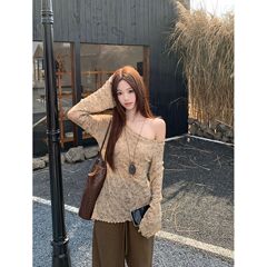 亚马逊跨境韩版2025秋气质高级感不规则下摆船领晕染花朵针织衫女