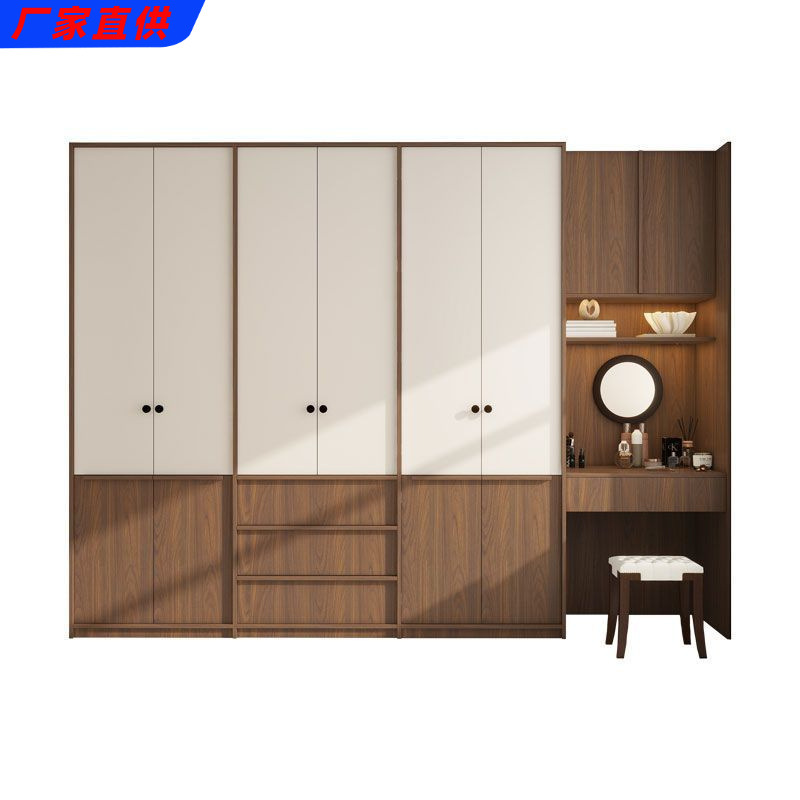 Medieval Style Wardrobe for Home Bedroom, New Chinese Style Skeleton Line Large Wardrobe with Dressing Table, One-Piece Simple Cabinet