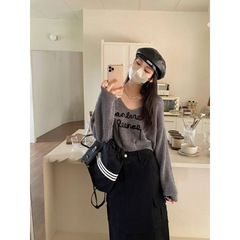韩版气质领镂空长袖针织衫上衣女秋季新款显瘦字母百搭慵懒毛衣