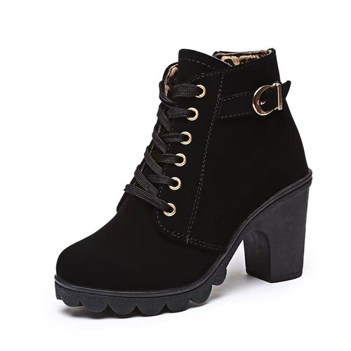 Spring chunky-heel ankle boots for women: lace-up, round-toe design in matte finish with thick, high heels and a short shaft.