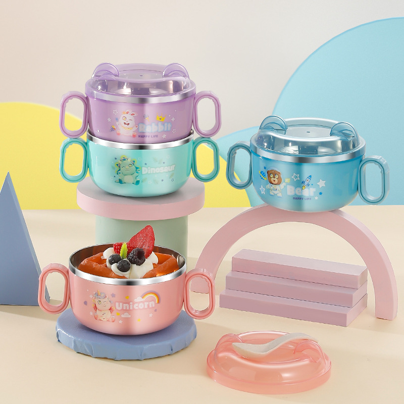 Cross-border Supply 304 Stainless Steel Children's Bowl Anti-fall with Lid Household Baby Bowl Binaural Cute Cartoon Food Bowl