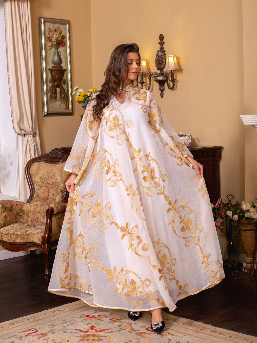 Women's Abaya Ethnic Style V Neck Embroidery Long Sleeve Printing Banquet display picture 3