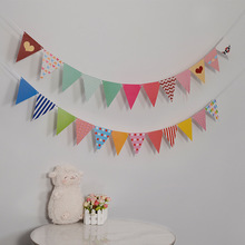 生日派对装饰彩色三角拉旗 纸制双面生日横幅彩旗三角旗批发用品