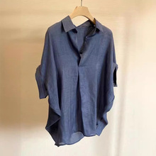 设计感小众短袖仿丝衬衫夏季法式温柔风气质真丝超好看藏蓝色上衣