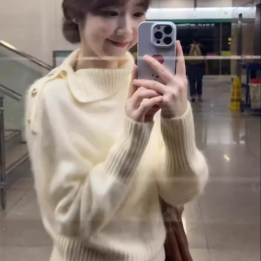 设计感半高领毛衣女秋冬2025新款不规则软糯松弛感慵懒风宽松上衣