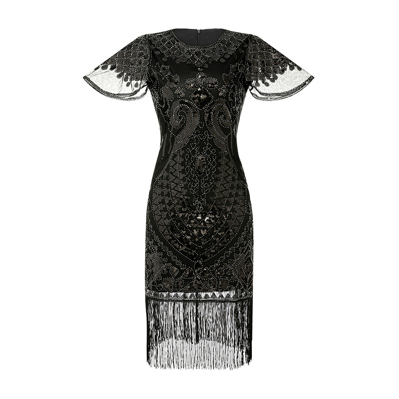 Fiesta transfronteriza de los años 20 Gatsby con cuentas vestido de malla vintage manga corta borla de lentejuelas vestido de bola