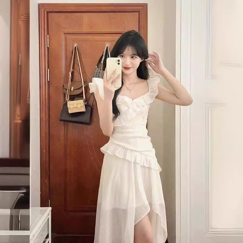 French-Style White Dress with Small Flying Sleeves, Stunning Irregular Ruffles, Summer New Style, Waist-Cinching Princess Super Fairy Long Dress