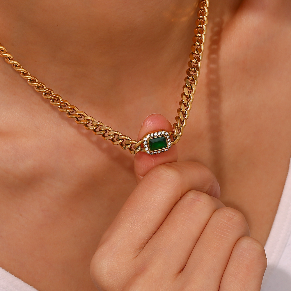Green Zircon Inlaid Stainless Steel Necklace