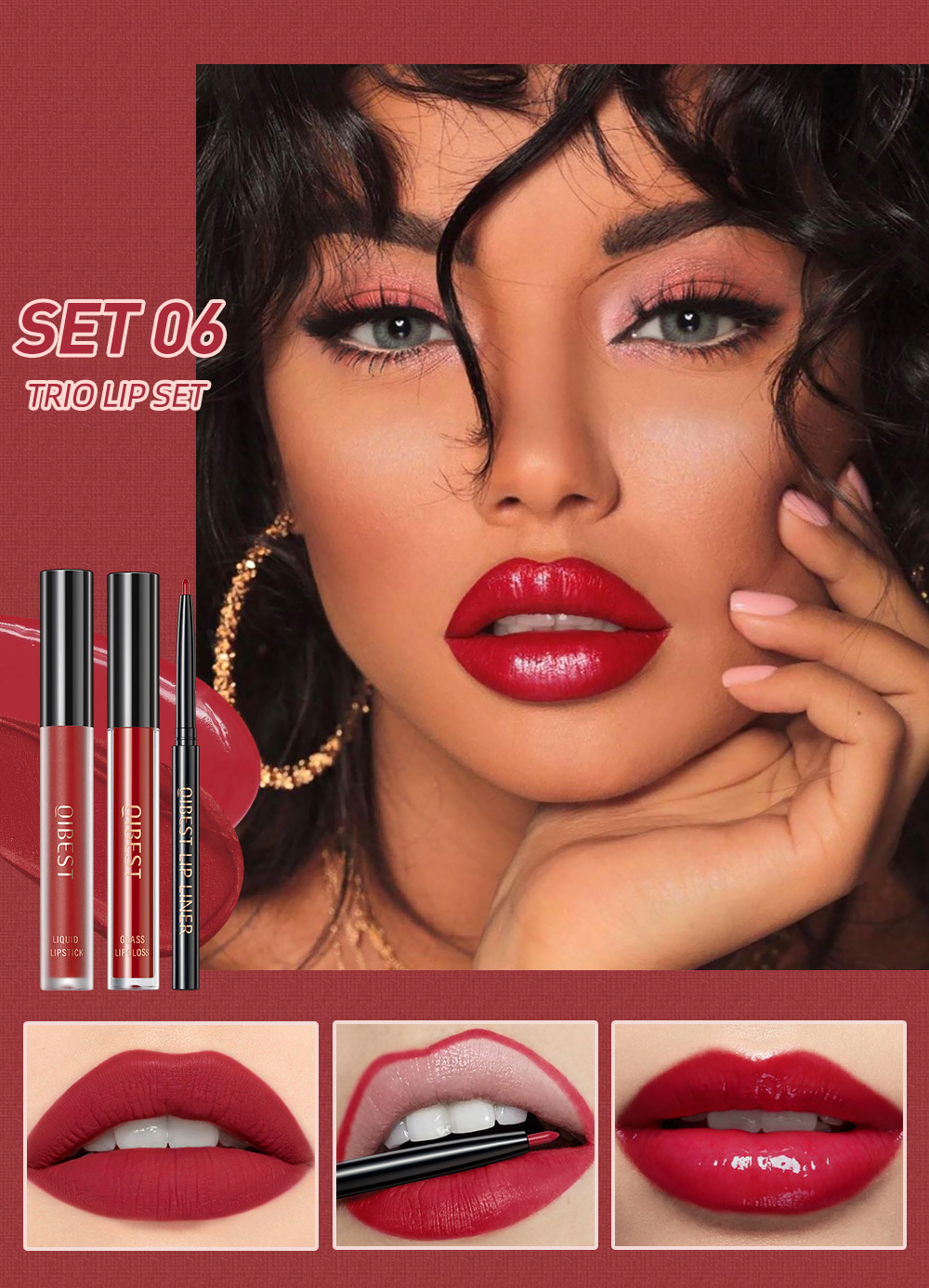 QIBEST Cross Border non-stick cup non-fading lip glaze matte mist moisturizing lip line set 3-in-1 Makeup undefined
