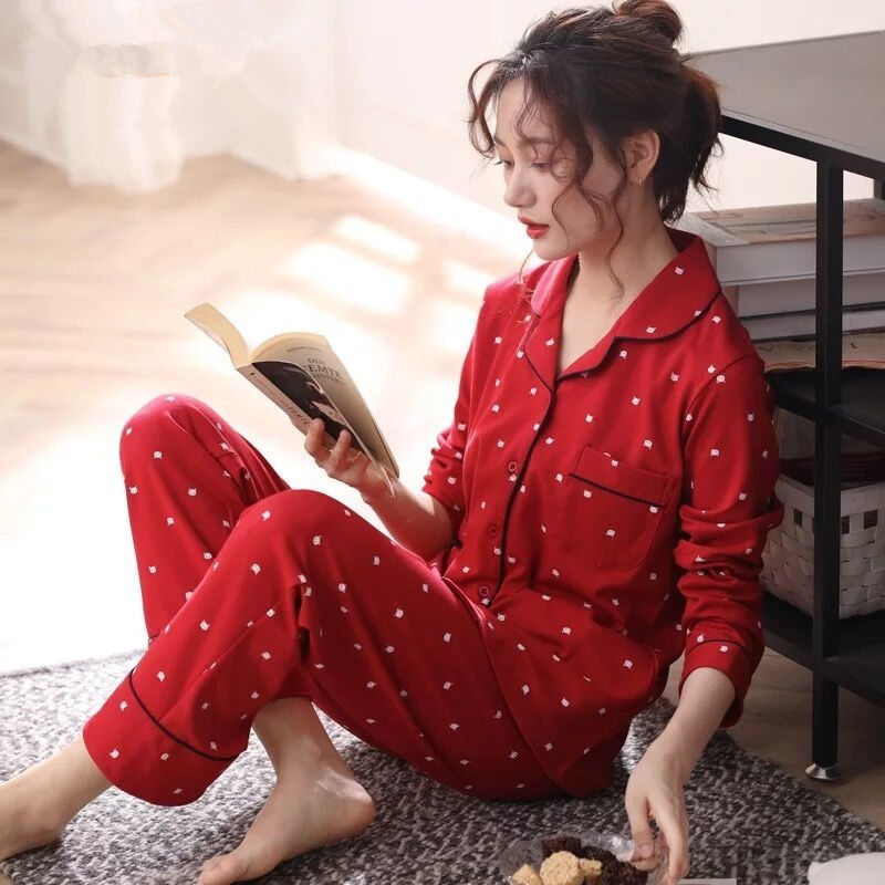 Nueva primavera y otoño manga larga más tamaño % pijamas de algodón para mujeres de mediana edad traje primavera cardigan homewear