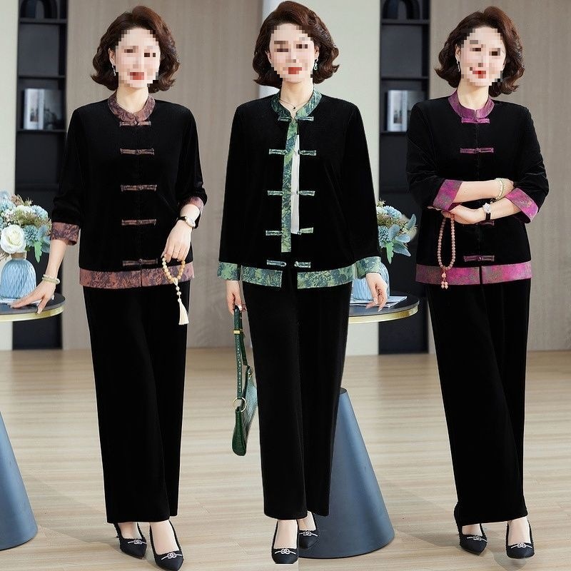 中年妈妈套装金丝绒春秋秋装洋气新款两件套外套中老年女装上衣女