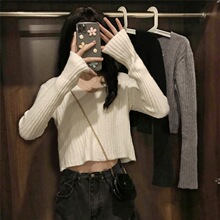 软糯百搭V领坑条长袖针织衫女秋季宽松弹力显瘦