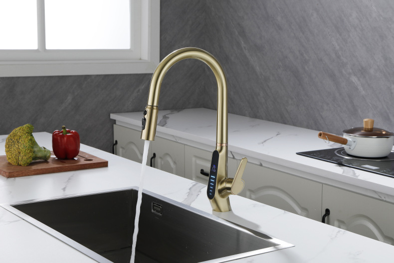 Konishi hydroelectric power digital display kitchen faucet pull-out sink faucet with brushed gold color undefined