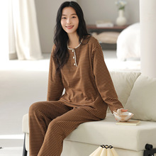 纯棉睡衣女长袖圆领春秋季薄款休闲条纹少女家居服套装可外穿全棉