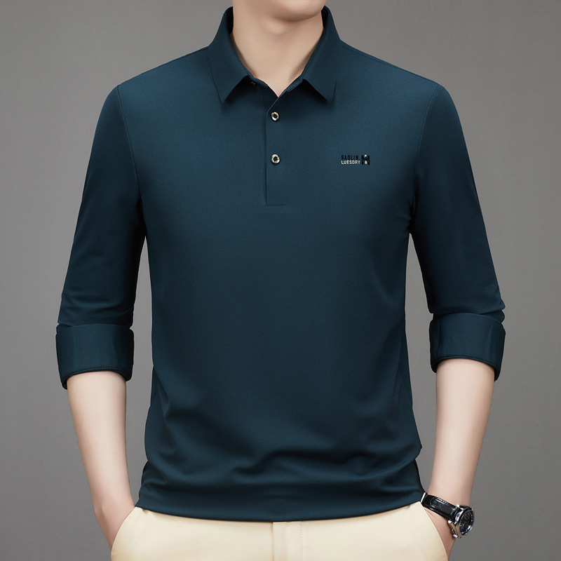 Luxury Silk T-Shirt for Men, Long Sleeve, Autumn Wear, Middle-Aged Dad's Outfit, Business Style, Turn-Down Collar, Solid Color Men's Polo Shirt, Authentic Product