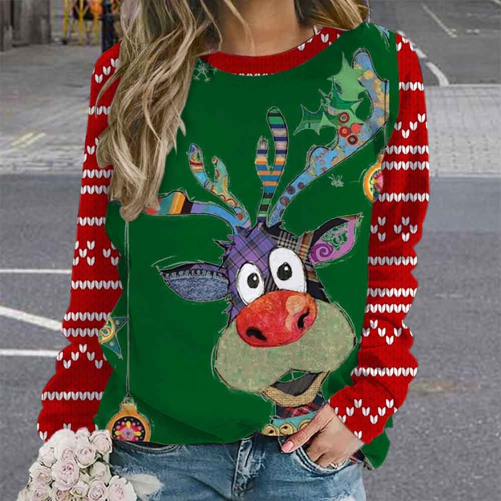 23 new European and American cross-border foreign trade Amazon plus size Christmas elk digital printing women's long sleeve round neck sweater