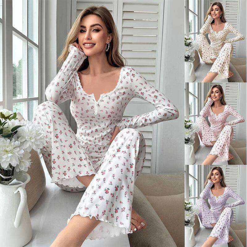 Cross-Border Popular European and American Style Autumn and Winter Home Wear Sexy Floral Fashion Long-Sleeved Long-Pants Pajamas Two-Piece Set for Women