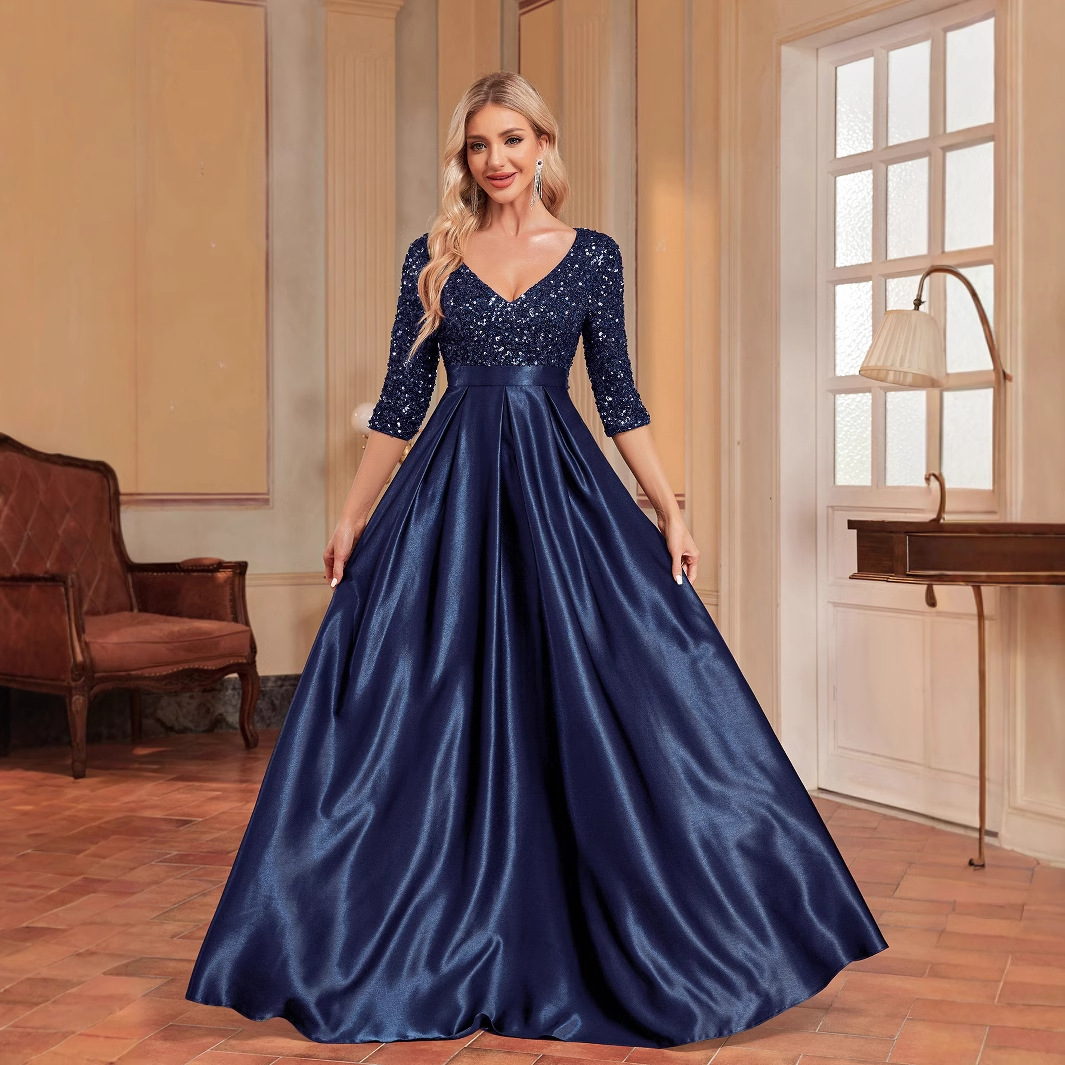 2025 New European and American V-neck Long Sleeve Sequins Elegant Ball Evening Dress Fashion Party Party Dress dress