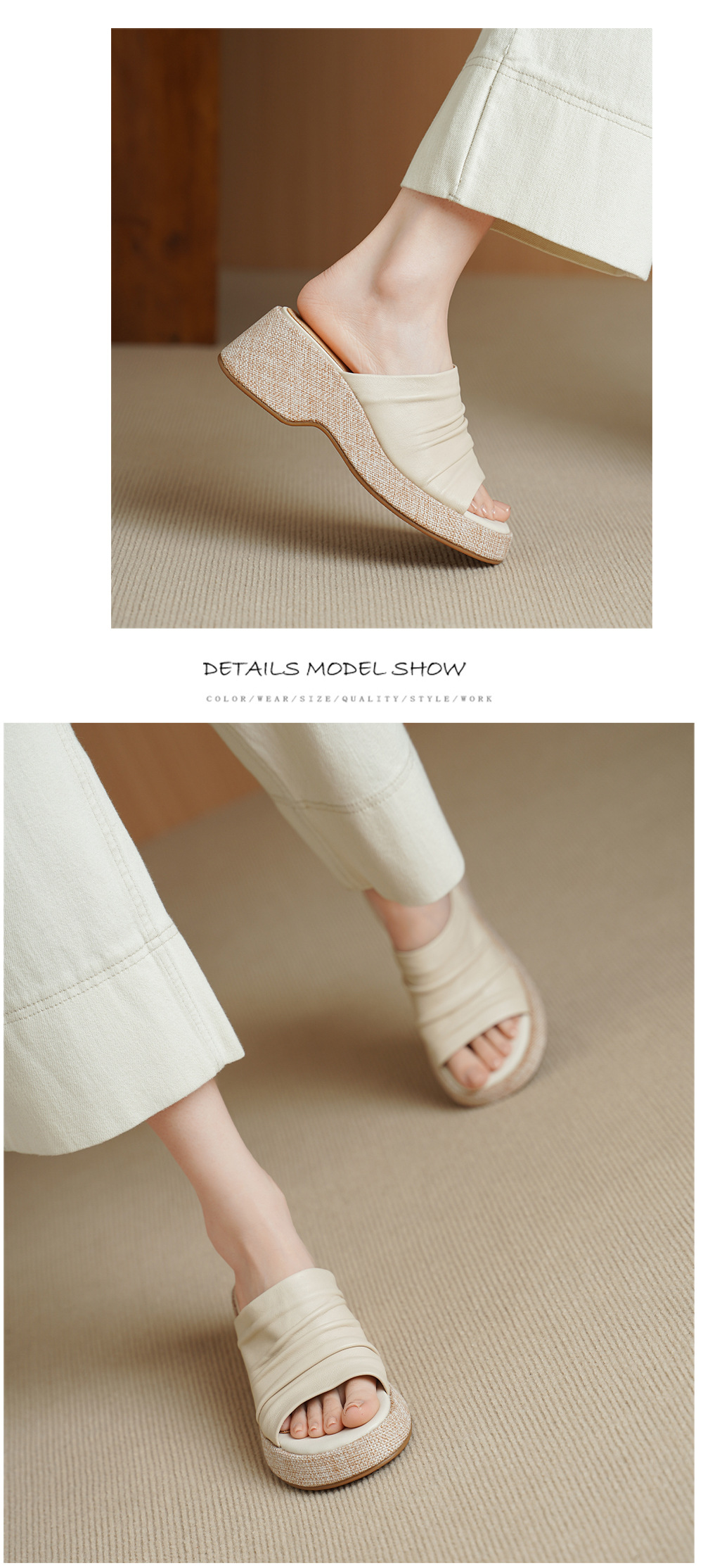Sandal nữ da cừu gót xuồng đế dày hở mũi quai ngang — màu trắng ngà chi tiết 7