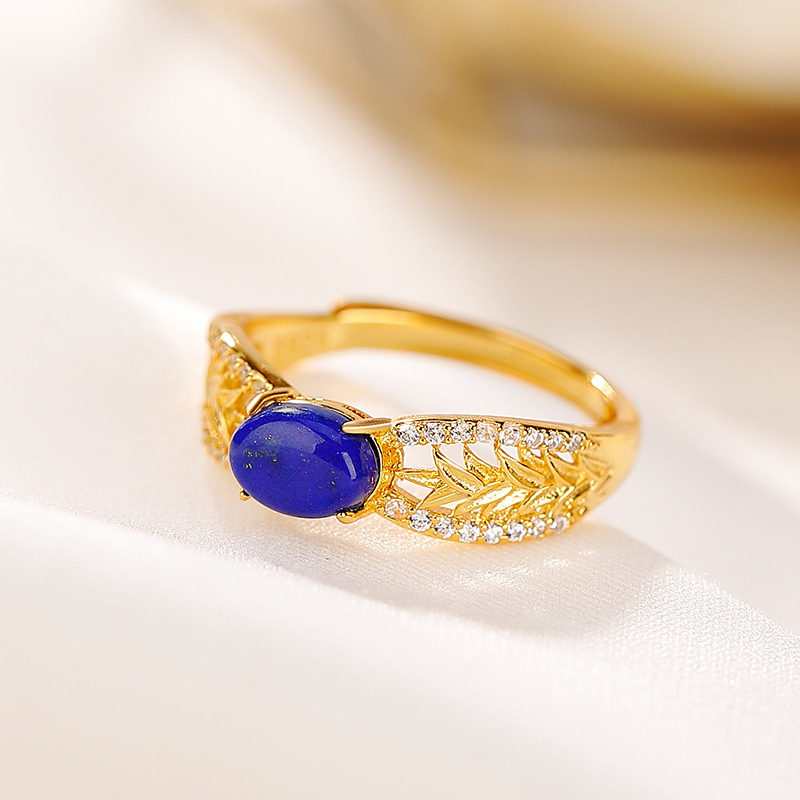 Nhẫn nữ bạc S925 mạ vàng đính đá Lapis Lazuli và Zircon phong cách cổ điển — Mở (một kích thước)