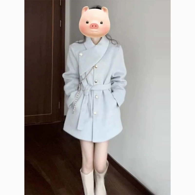 Маленькая корейская передовая шерстяная куртка женская осень-зима 2025 новая нежная талия с розовым толстым пальто