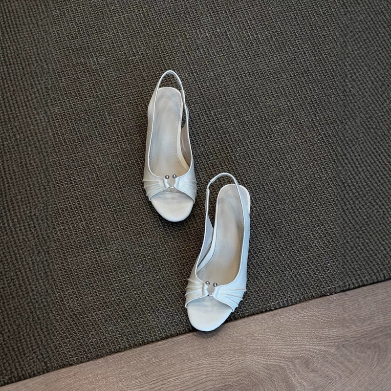 Sheepskin Version ~ French Style Pleated Cut Out High-Heeled Sandals with Back Strap and Stiletto Heel Metal Buckle Fish Mouth High-Heeled Shoes for Women