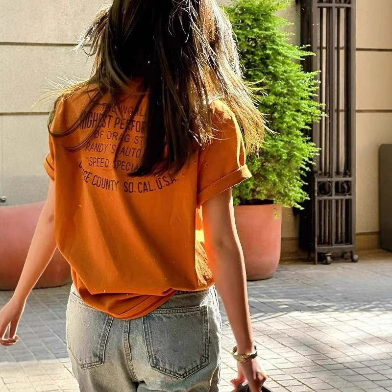 Dopamine Orange Printed Short-Sleeved T-Shirt for Women, Unique and Beautiful Summer Wear, Loose, Fashionable and Stylish Right Shoulder Top